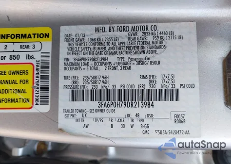 2013 Ford Fusion Se из США, поврежденный, VIN 3FA6P0H79DR213984